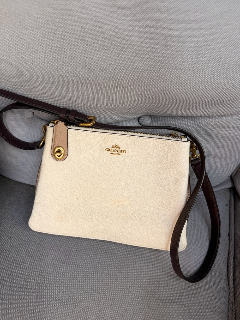 Coach Cream Pebbled Leather Crossbody with Dark Brown Strap